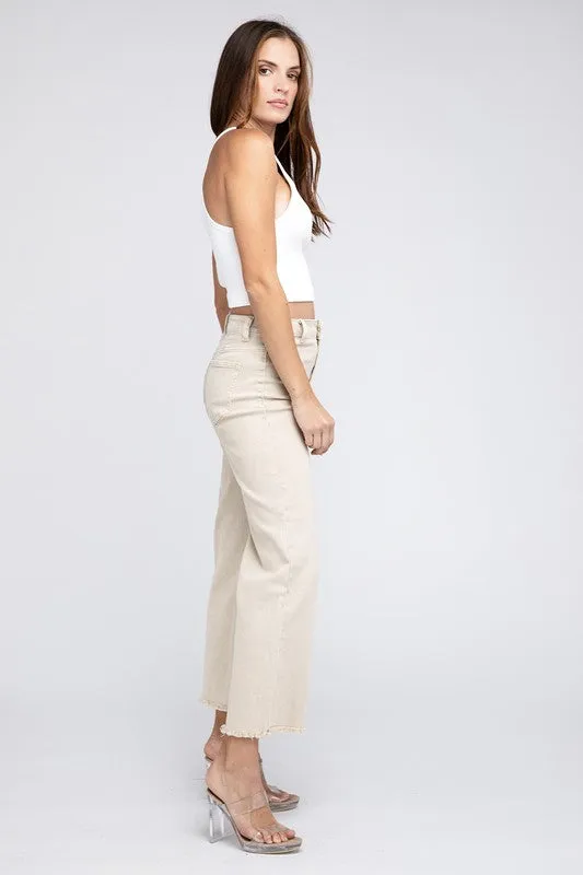 Zenana Acid Wash Frayed Cutoff Hem Straight Wide Jeans