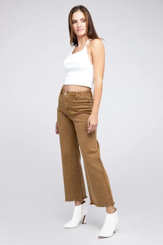Zenana Acid Wash Frayed Cutoff Hem Straight Wide Jeans