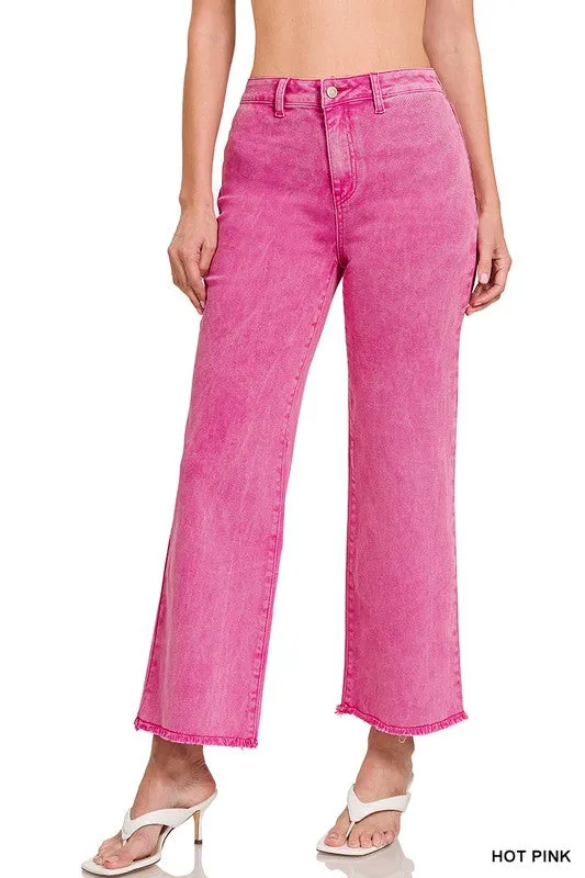 Zenana Acid Wash Frayed Cutoff Hem Straight Wide Jeans
