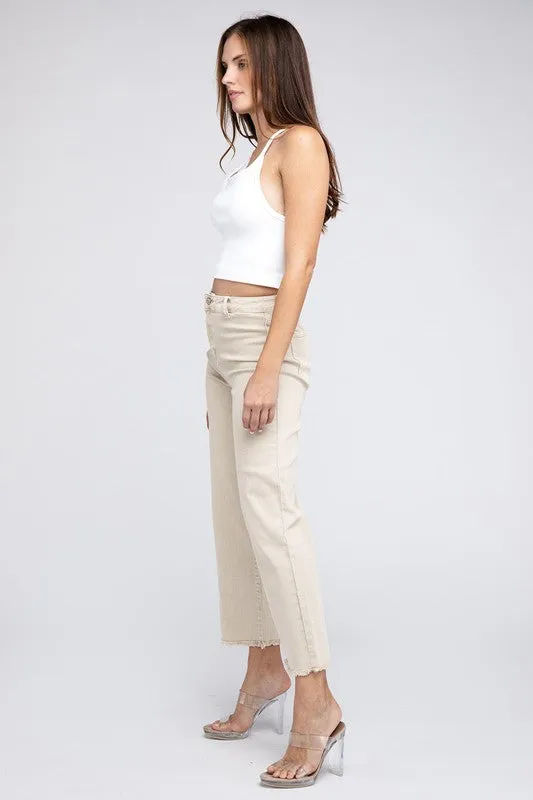 Zenana Acid Wash Frayed Cutoff Hem Straight Wide Jeans