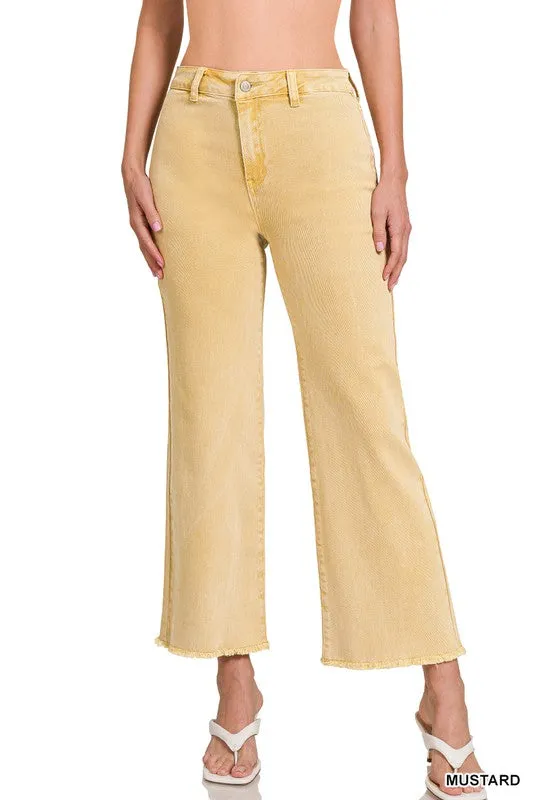Zenana Acid Wash Frayed Cutoff Hem Straight Wide Jeans