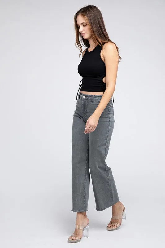 Zenana Acid Wash Frayed Cutoff Hem Straight Wide Jeans
