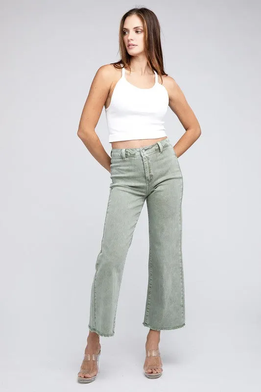 Zenana Acid Wash Frayed Cutoff Hem Straight Wide Jeans