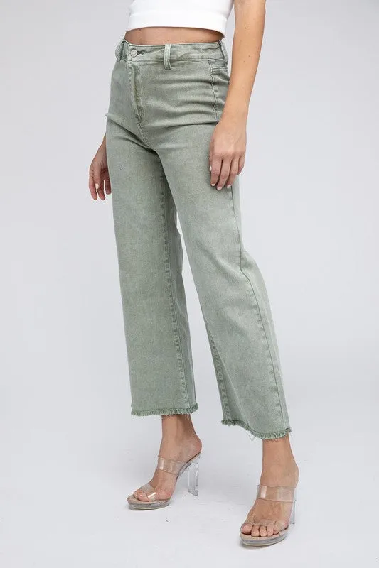 Zenana Acid Wash Frayed Cutoff Hem Straight Wide Jeans