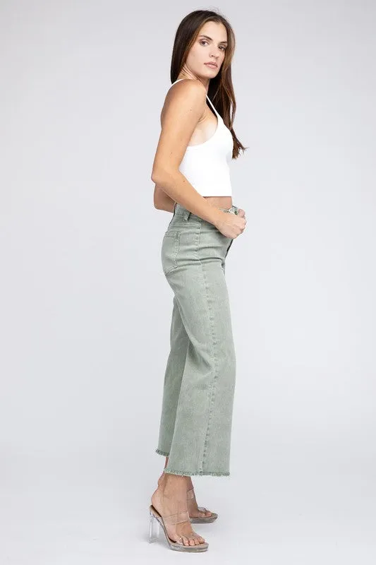 Zenana Acid Wash Frayed Cutoff Hem Straight Wide Jeans
