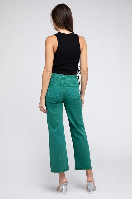 Zenana Acid Wash Frayed Cutoff Hem Straight Wide Jeans