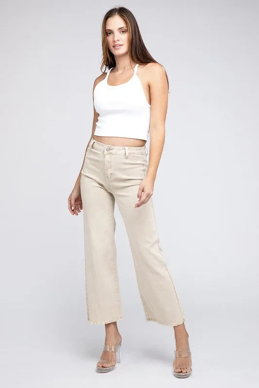 Zenana Acid Wash Frayed Cutoff Hem Straight Wide Jeans