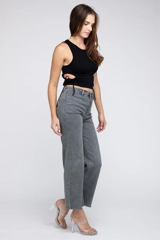 Zenana Acid Wash Frayed Cutoff Hem Straight Wide Jeans