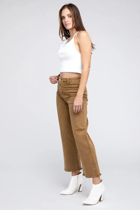 Zenana Acid Wash Frayed Cutoff Hem Straight Wide Jeans