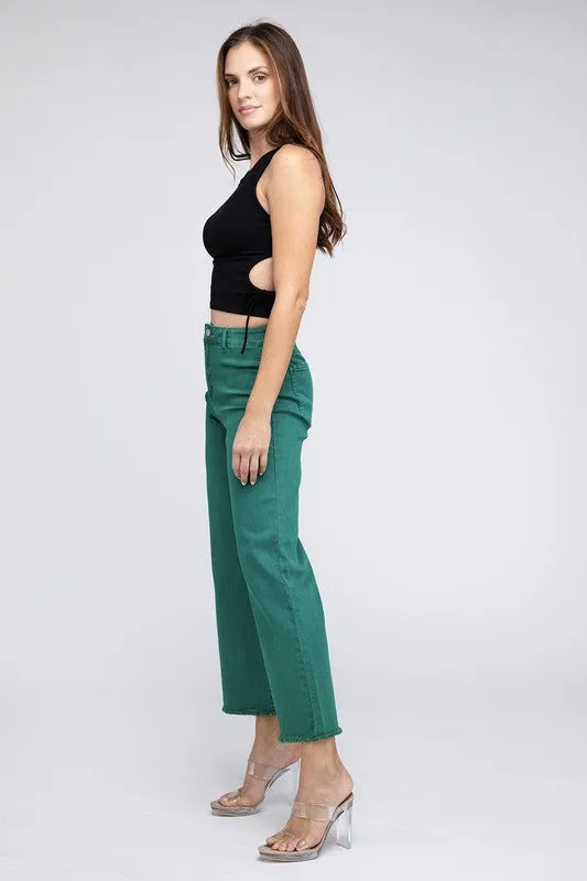 Zenana Acid Wash Frayed Cutoff Hem Straight Wide Jeans