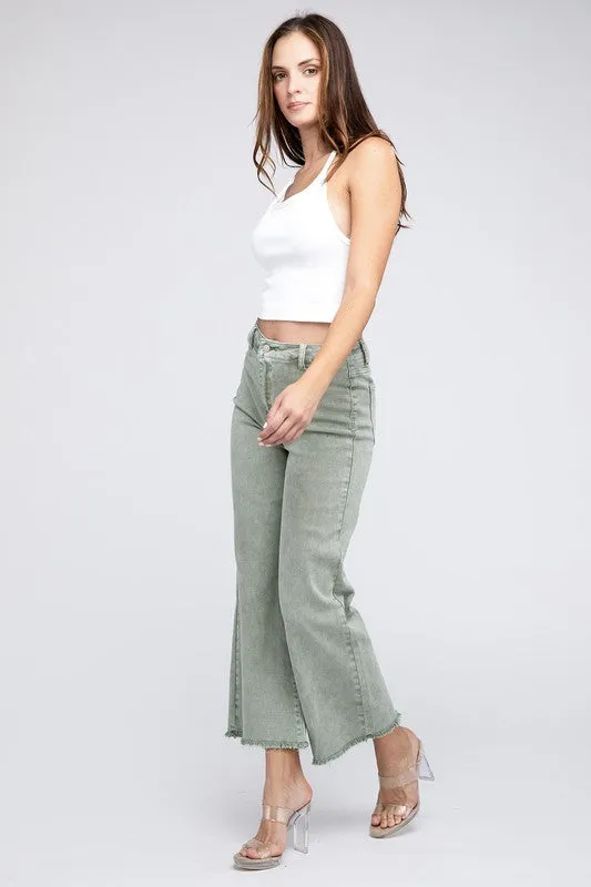 Zenana Acid Wash Frayed Cutoff Hem Straight Wide Jeans